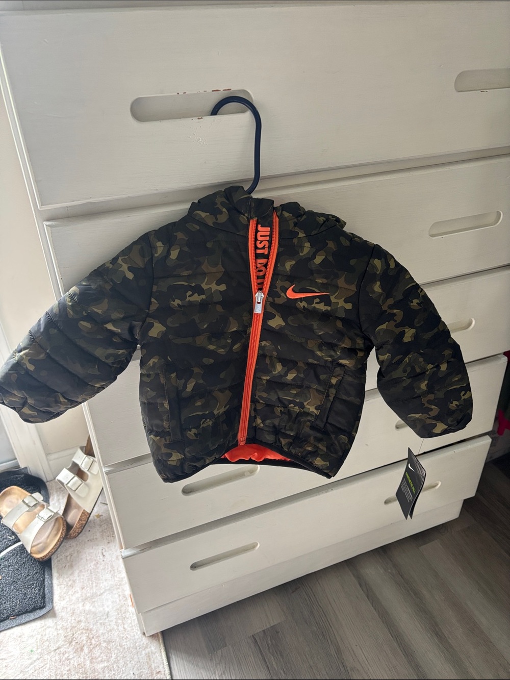 Nike Kids Camouflage Puffer Jacket with Bright Orange Accents